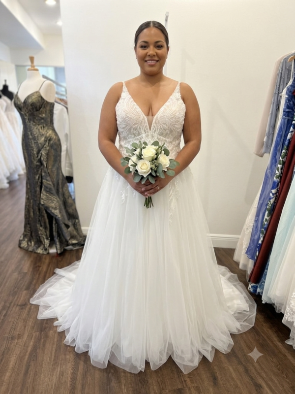 Front full-length view of the Private Label "Josie" Everette A-line wedding dress in size 16, showcasing the plunging V-neckline and voluminous layered tulle skirt.