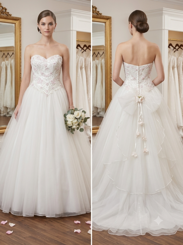A full-length photograph of a private label 'Delilah' style number DMB008 strapless wedding gown on a mannequin in a bridal boutique. The bodice features an ornate V-shaped sweetheart neckline with pearl and crystal embroidery and light pink and sage green floral accents. The skirt is a full, voluminous A-line ball gown made of multiple layers of layered ivory tulle.