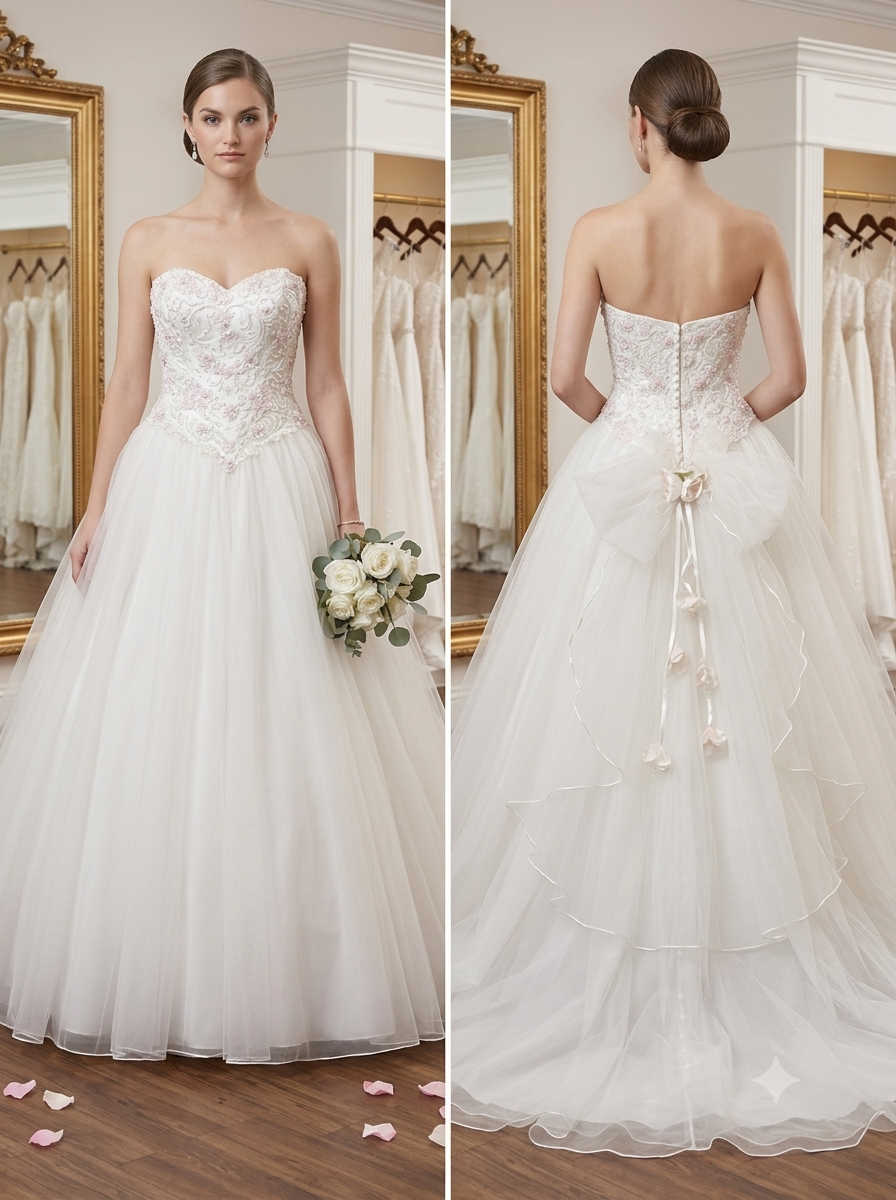 A full-length photograph of a private label 'Delilah' style number DMB008 strapless wedding gown on a mannequin in a bridal boutique. The bodice features an ornate V-shaped sweetheart neckline with pearl and crystal embroidery and light pink and sage green floral accents. The skirt is a full, voluminous A-line ball gown made of multiple layers of layered ivory tulle.