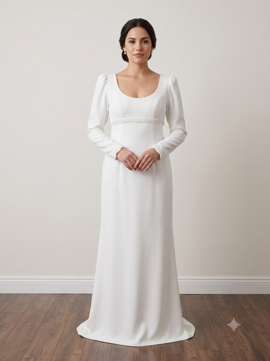 Professional front and back showcase of the private label Chloe size 12 column wedding dress featuring long sleeves, a scoop neckline, a pearl-beaded empire trim, and a button-down back inside a luxury boutique.