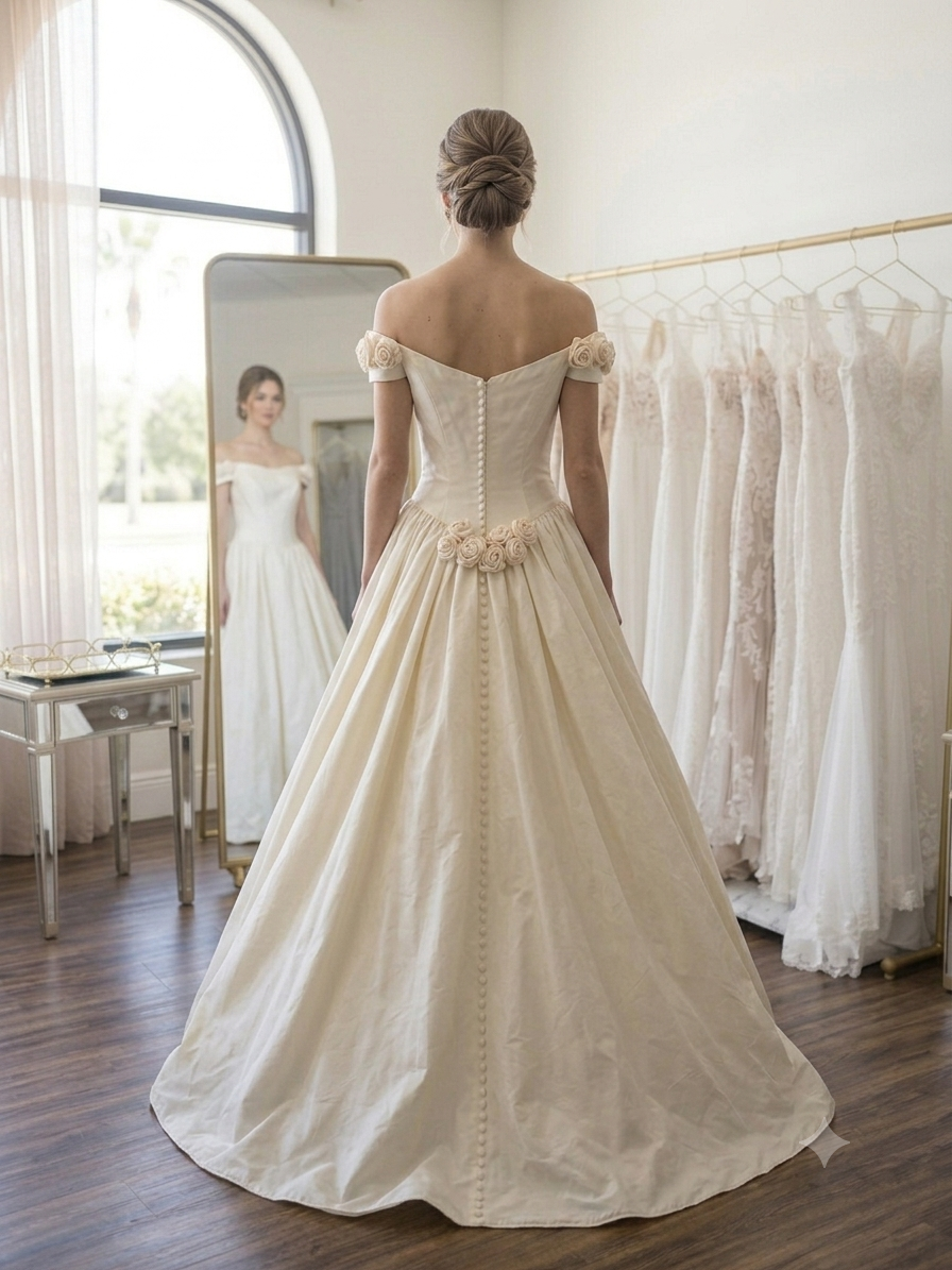 Back view of the Bianca silk wedding gown displaying the button-down back, gathered dropped-waist bustle detail adorned with silk rosettes, and elegant sweep train.