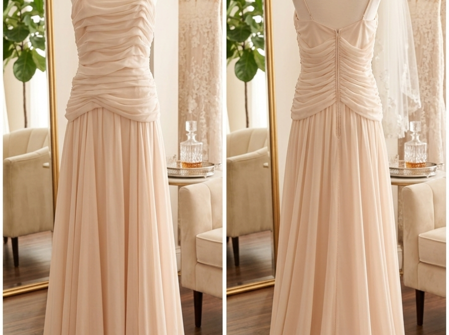 Front view of the peach private label "Serenity" wedding dress (Style DMB031, Size 12) on a mannequin in a luxury boutique, highlighting the straight strappy neckline and detailed horizontal pleated ruching on the bodice.