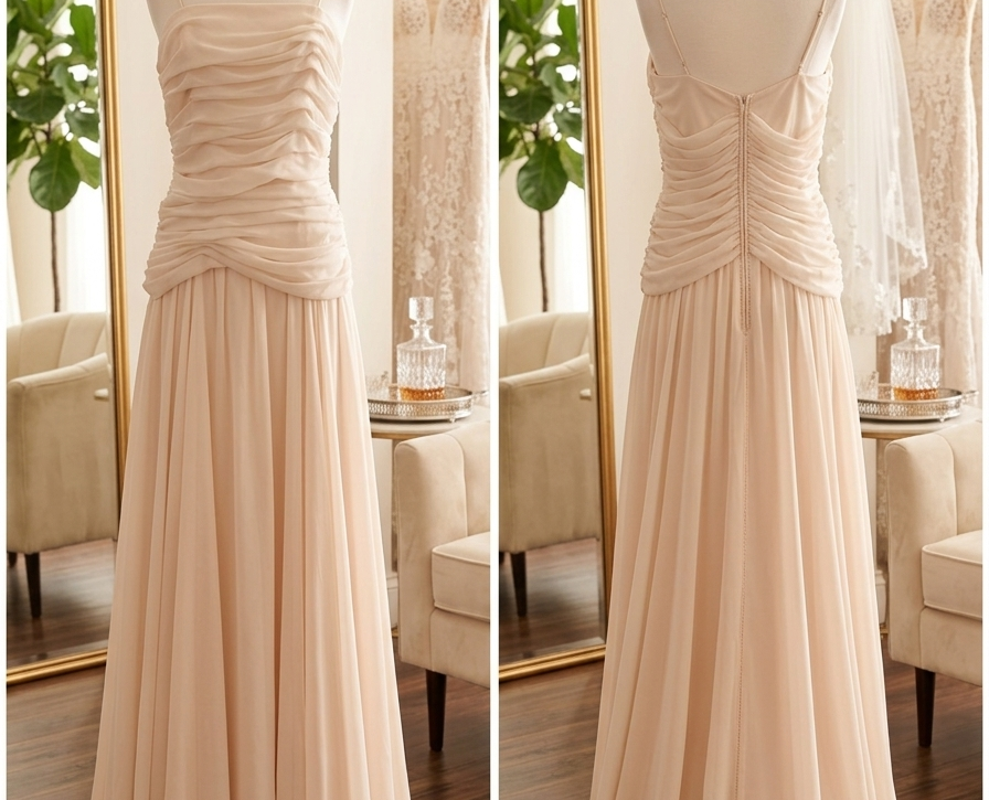 Front view of the peach private label "Serenity" wedding dress (Style DMB031, Size 12) on a mannequin in a luxury boutique, highlighting the straight strappy neckline and detailed horizontal pleated ruching on the bodice.