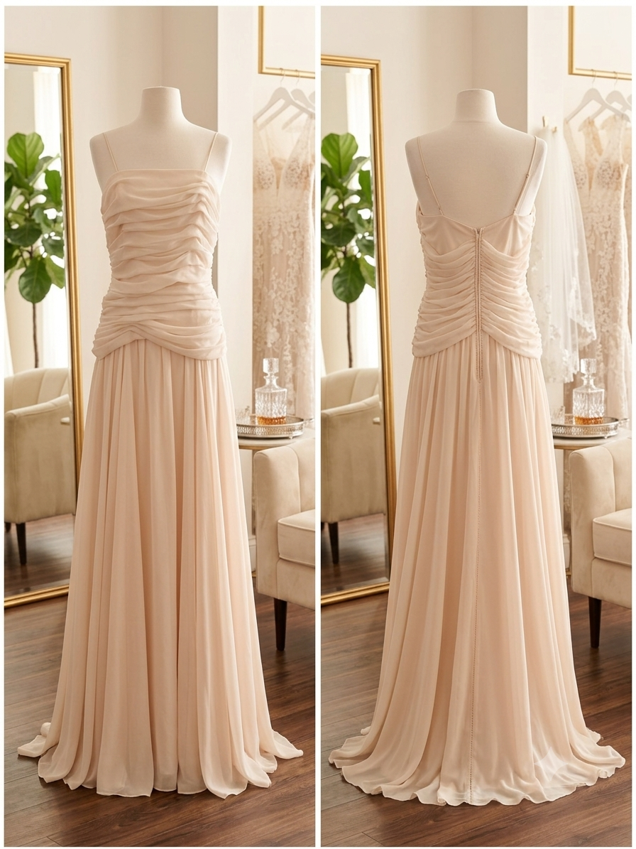 Front view of the peach private label "Serenity" wedding dress (Style DMB031, Size 12) on a mannequin in a luxury boutique, highlighting the straight strappy neckline and detailed horizontal pleated ruching on the bodice.