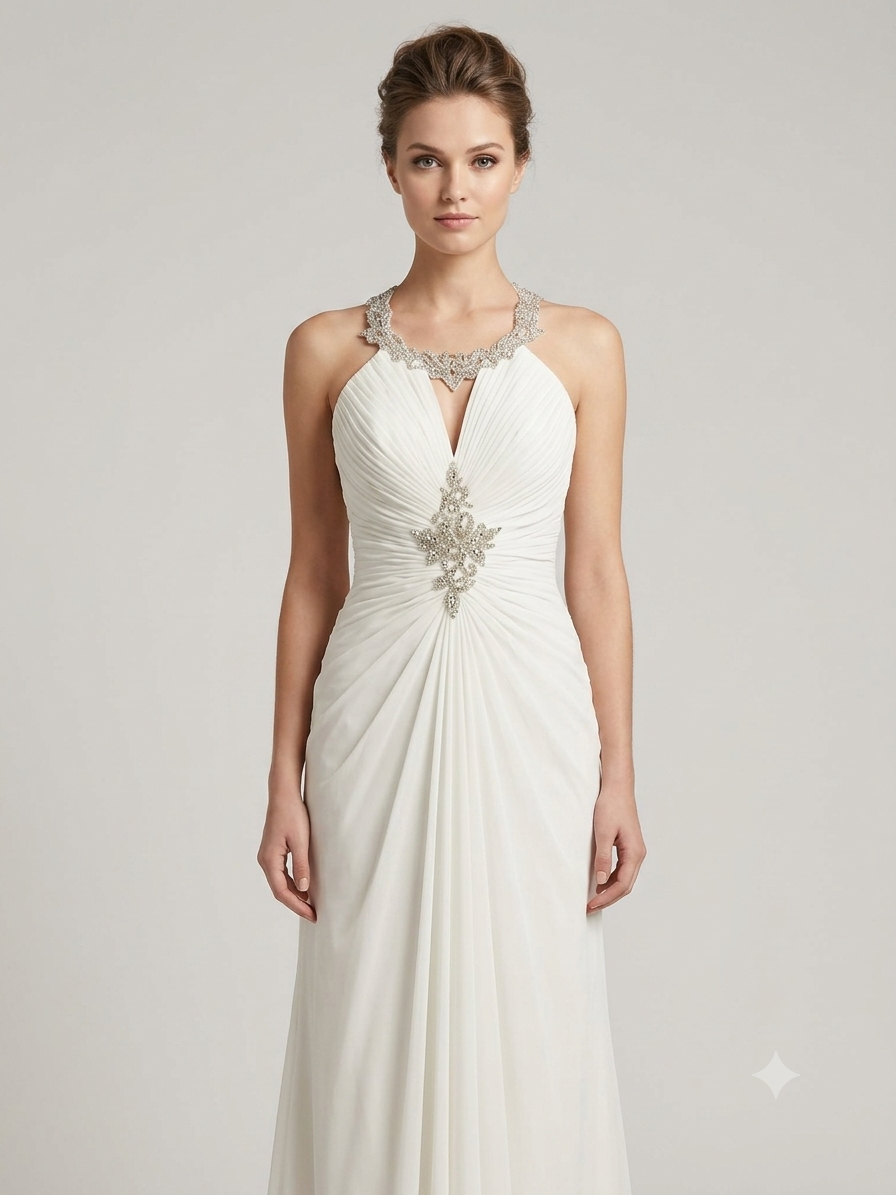Professional front and back showcase of the private label Zoe-Allure 2805 size 12 sheath wedding dress showing its crystal-beaded halter neck, sweetheart ruching, and low V-back with rhinestone trim inside a luxury boutique.