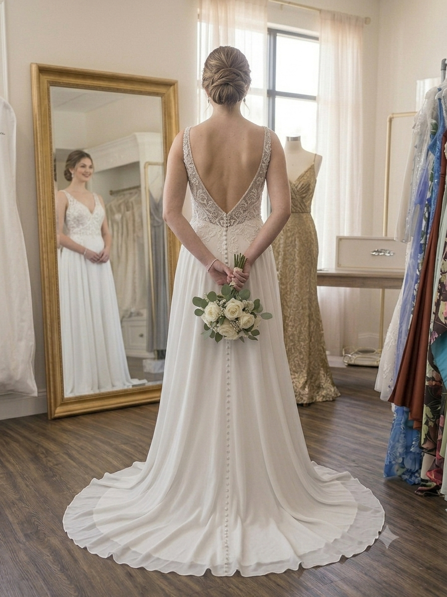 Back view of the Selena Moonlight wedding dress, highlighting the low open back, sheer lace T-strap detail, and flowing chiffon train with covered buttons.
