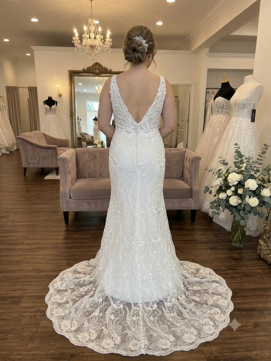 Evelyn-Stella Private Label Floral Embroidered Lace Wedding Dress - Size 14