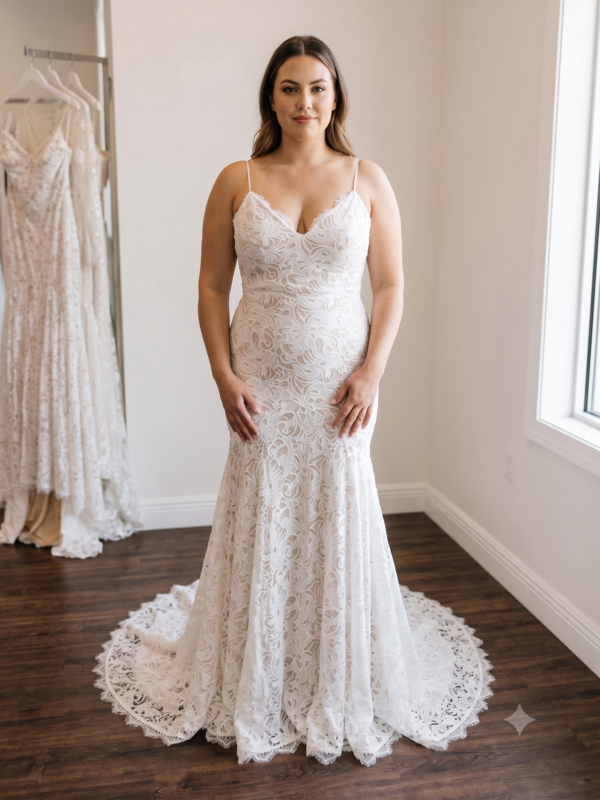 Front full-length view of the Private Label "Aaliyah" Sincerity fit-and-flare wedding dress in size 10, showcasing its bold graphic lace over a warm nude underlay.