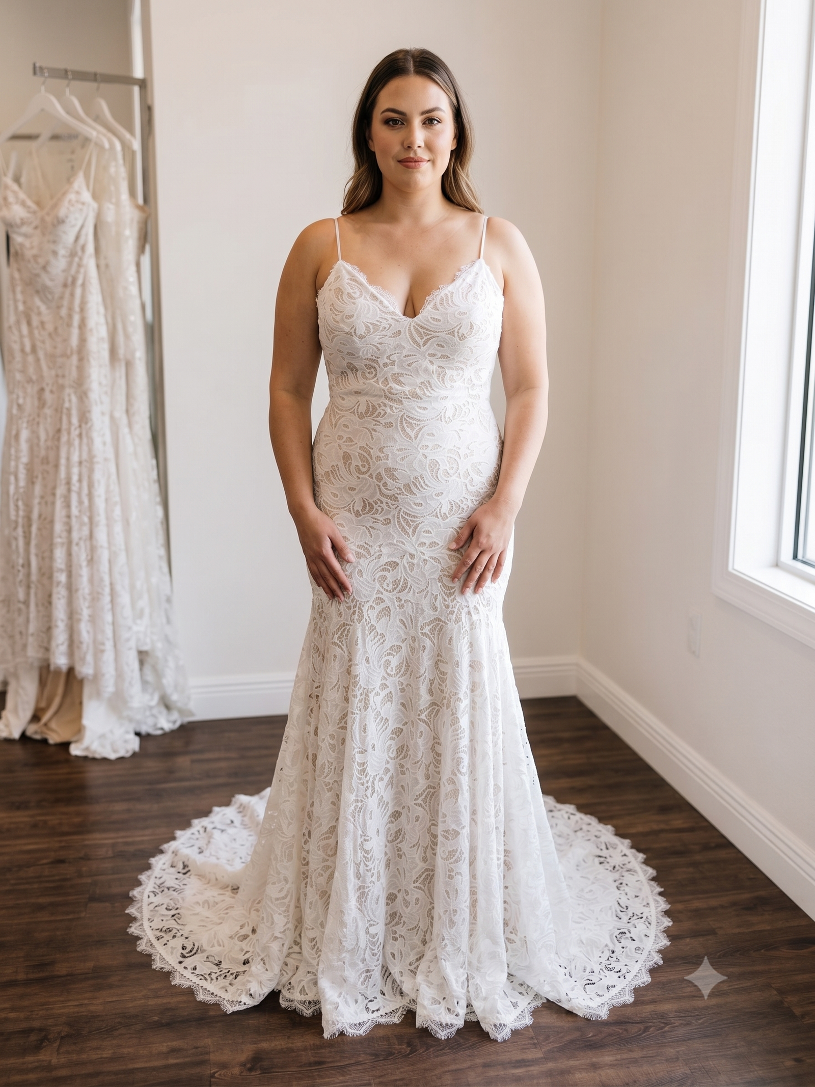 Front full-length view of the Private Label "Aaliyah" Sincerity fit-and-flare wedding dress in size 10, showcasing its bold graphic lace over a warm nude underlay.