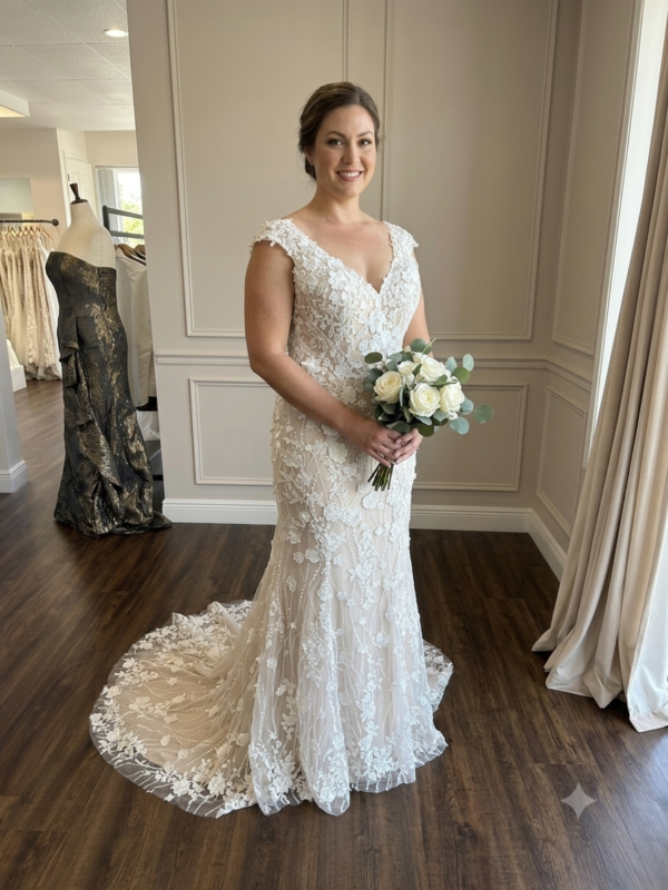 Front full-length view of the Private Label "Josie II" trumpet wedding dress in size 16, showing its all-over 3D floral lace appliqués over a warm champagne underlay.
