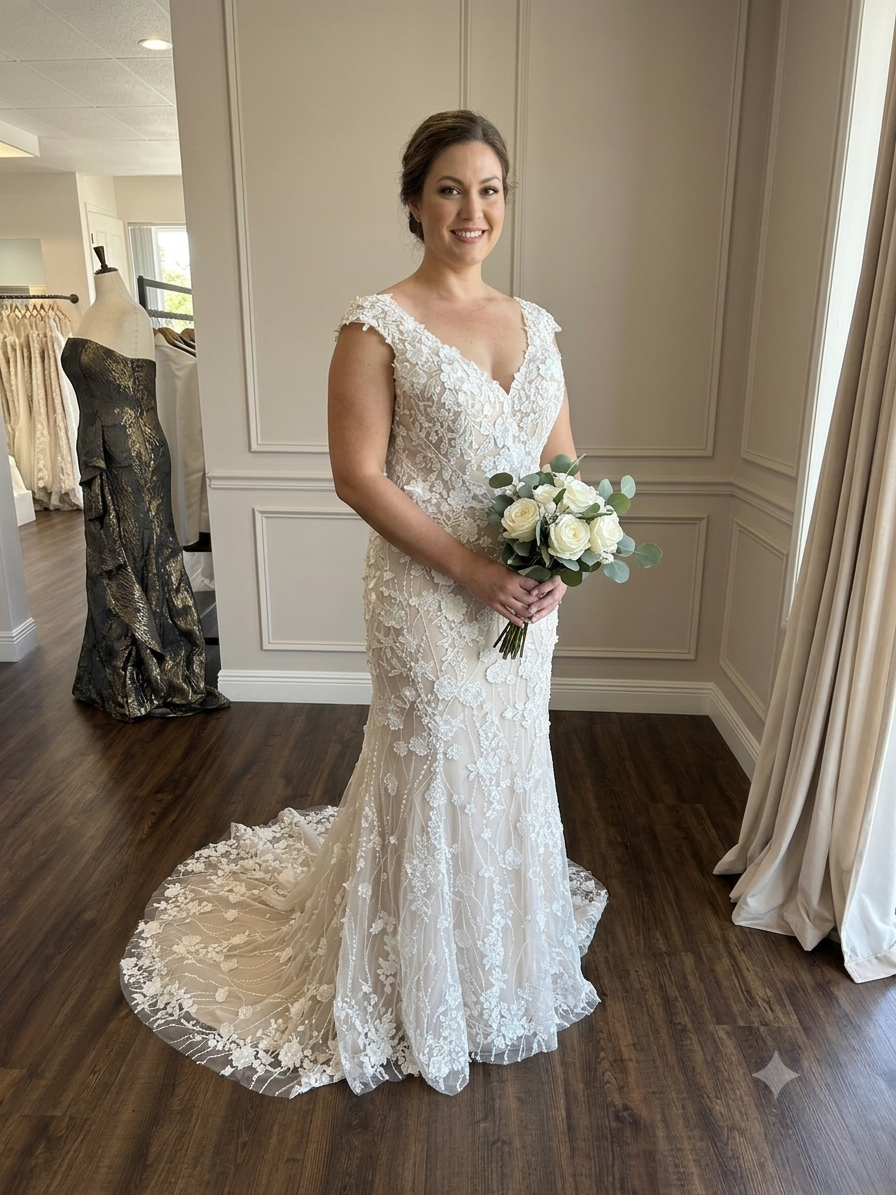 Front full-length view of the Private Label "Josie II" trumpet wedding dress in size 16, showing its all-over 3D floral lace appliqués over a warm champagne underlay.