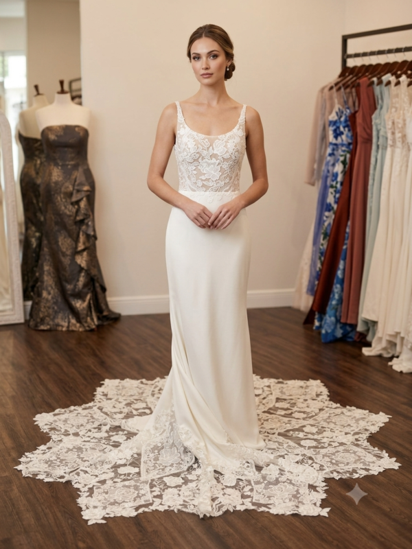 Professional front and back showcase of the private label Raven size 10 sheath wedding gown displaying its sheer illusion lace bodice, geometric cutout back, and long detailed lace medallion train inside a luxury bridal boutique.