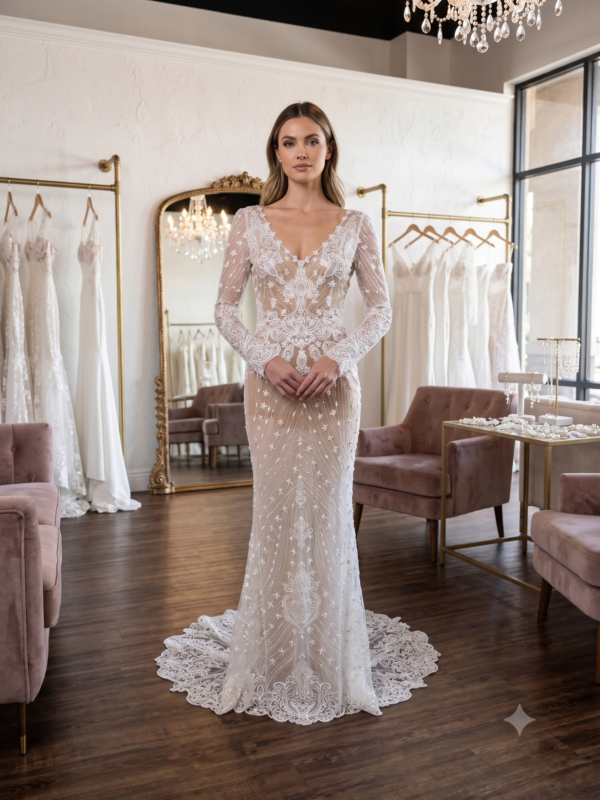 Front full-length view of the Private Label "Bella" (LAP-LP2015) column wedding dress in size 8, showing the sheer lace long sleeves and ivory lace overlay over a nude underlay.