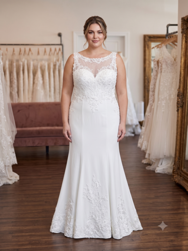 Front full-length view of the Private Label "Emma" Riva Stock R7434 fit-and-flare wedding dress in size 16, featuring a smooth crepe skirt and beaded illusion bodice.