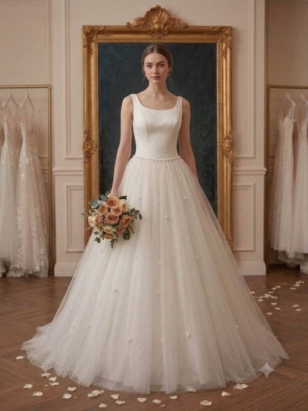 Front and back views of the Isabella US Angels 1825 size 10 wedding dress featuring a sleek satin tank bodice, beaded floral waistline, and rosette-accented tulle ball gown skirt on a mannequin.