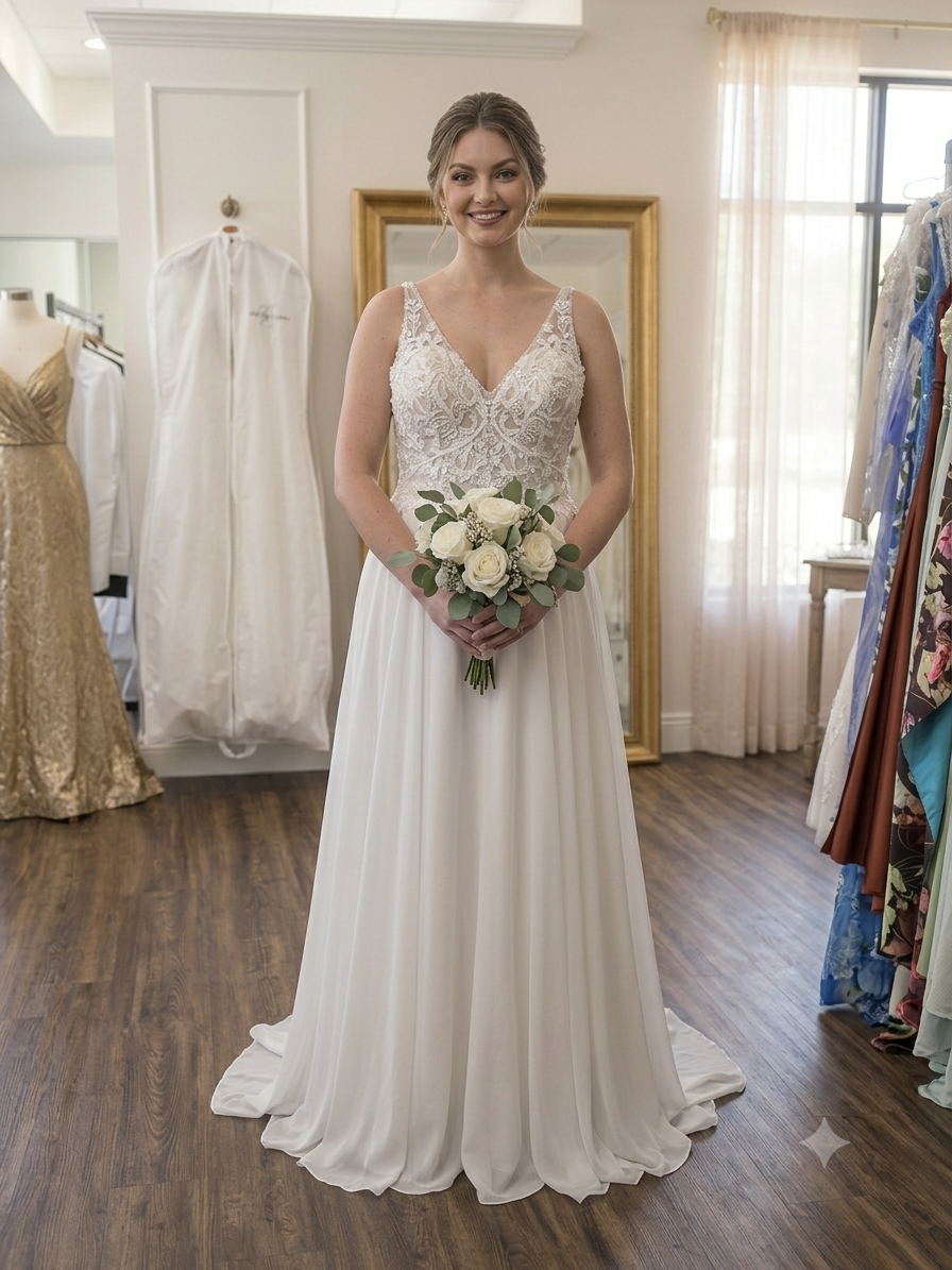 Front full-length view of the Private Label "Selena Moonlight" A-line wedding dress in size 16, showcasing a beaded floral lace bodice and a flowing chiffon skirt