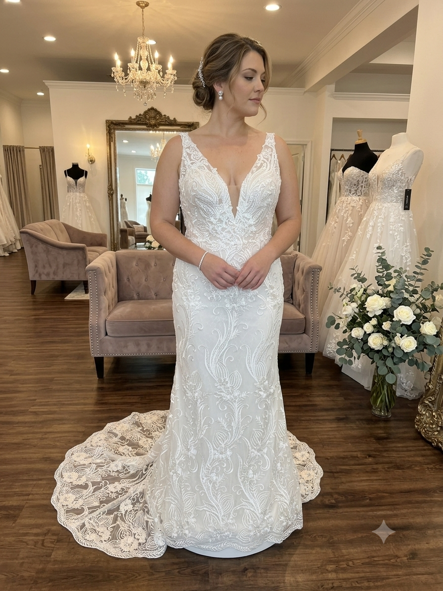 Professional front and back studio showcase of the private label Evelyn-Stella size 14 wedding gown, featuring intricate floral scroll lace embroidery, a plunging V-neckline, slender straps, and a dramatic sheer scalloped lace chapel train inside a luxury bridal boutique.
