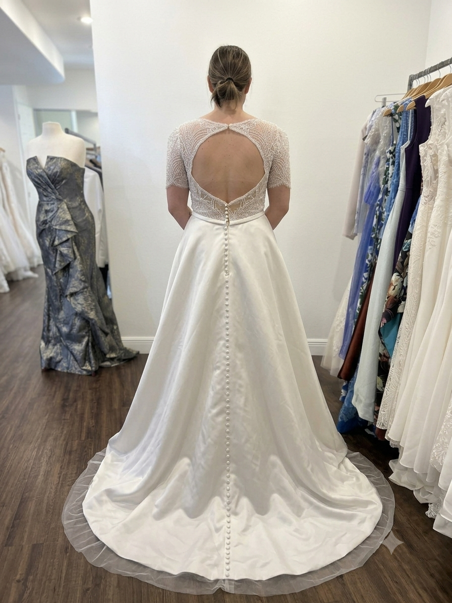 Back full-length view of the Private Label "Ariana" A-line wedding dress in size 12, featuring a beaded lace short-sleeve bodice and a structured ivory satin skirt.