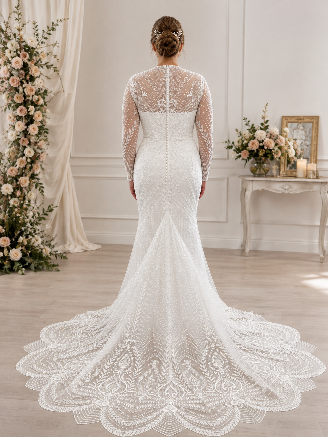 Private Label "Ste2608 Hailey" Beaded Long Sleeve Chevron Lace Trumpet Wedding Gown – Size 18 (SKU DMB054) - Image 2
