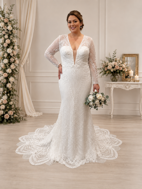 Private Label "Ste2608 Hailey" Beaded Long Sleeve Chevron Lace Trumpet Wedding Gown – Size 18 (SKU DMB054)