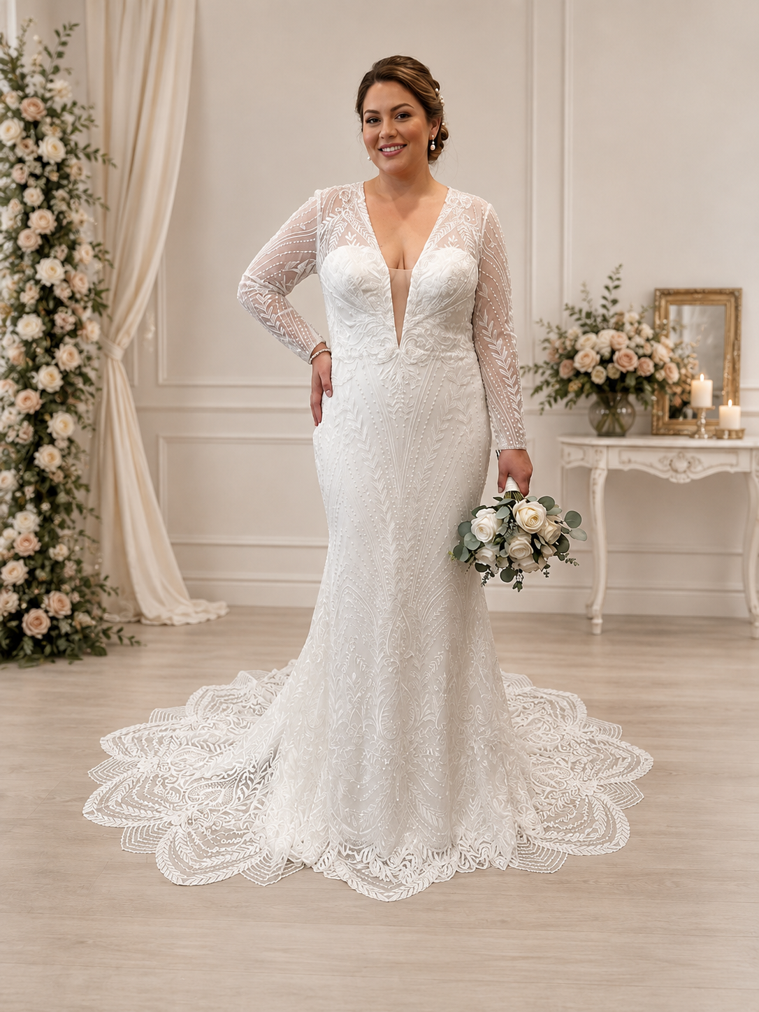 Private Label "Ste2608 Hailey" Beaded Long Sleeve Chevron Lace Trumpet Wedding Gown – Size 18 (SKU DMB054)