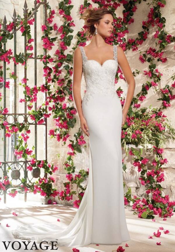 Mori Lee "Inaya" (Style 6798) Beaded Lace & Chiffon Sheath Wedding Gown – Size 10 (SKU DMB056)