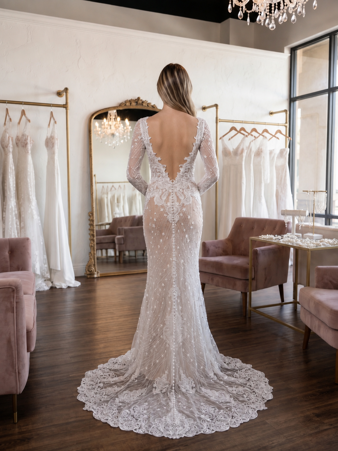 Private Label "Jess" Long Sleeve Lace Wedding Gown – Size 4 (SKU DMB040) - Image 3