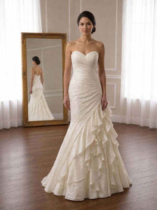 Layla Demetrios Strapless Asymmetric Ruched Tulle and Taffeta Ruffle Wedding Dress (Size 10)