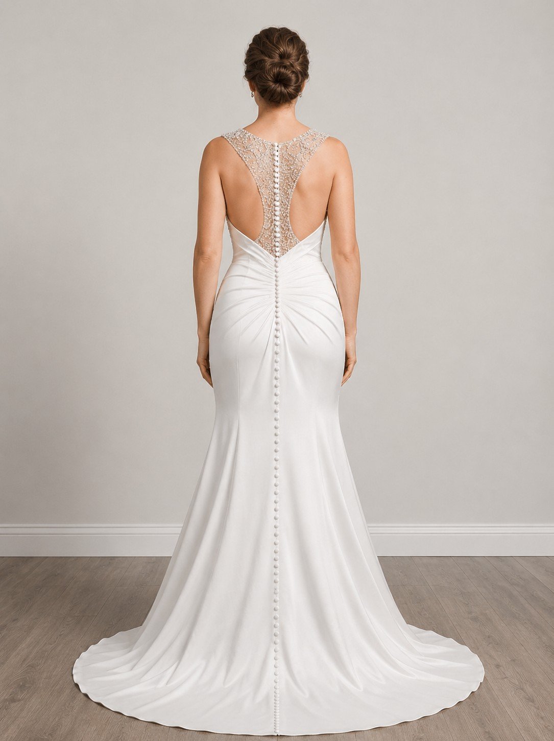 Leilani Private Label Beaded Illusion High-Neck Satin Trumpet Wedding Dress with Ruched Back (Size 12) - Image 2