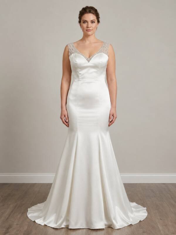 Leilani Private Label Beaded Illusion High-Neck Satin Trumpet Wedding Dress with Ruched Back (Size 12)