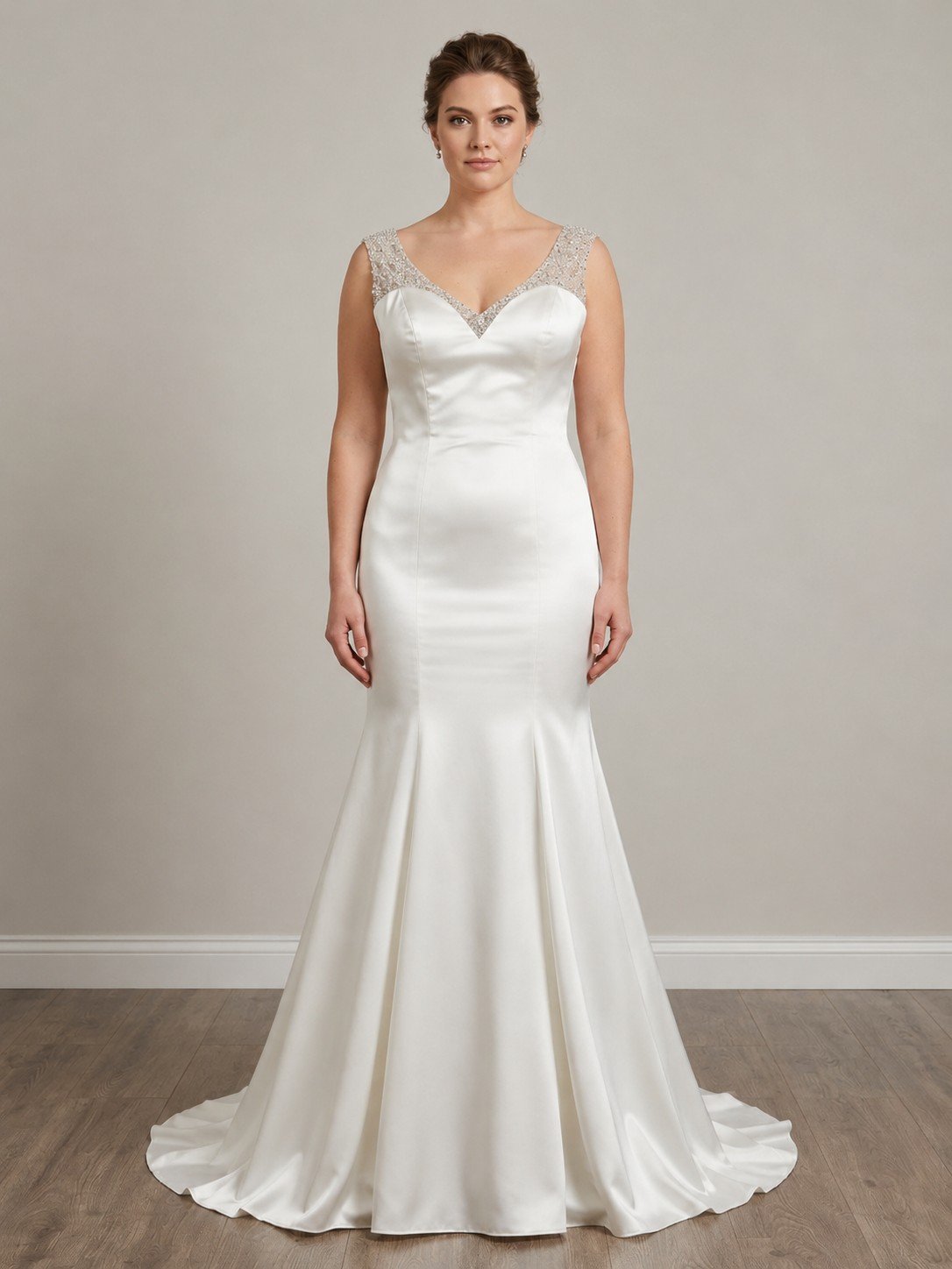 Leilani Private Label Beaded Illusion High-Neck Satin Trumpet Wedding Dress with Ruched Back (Size 12)