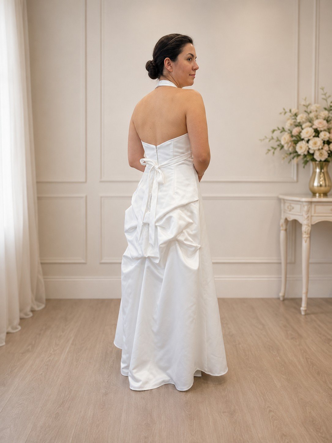 Madelyn Private Label Satin Halter Wedding Dress with Surplice Pleated Bodice and Bustled Back Train (Size 12) - Image 5