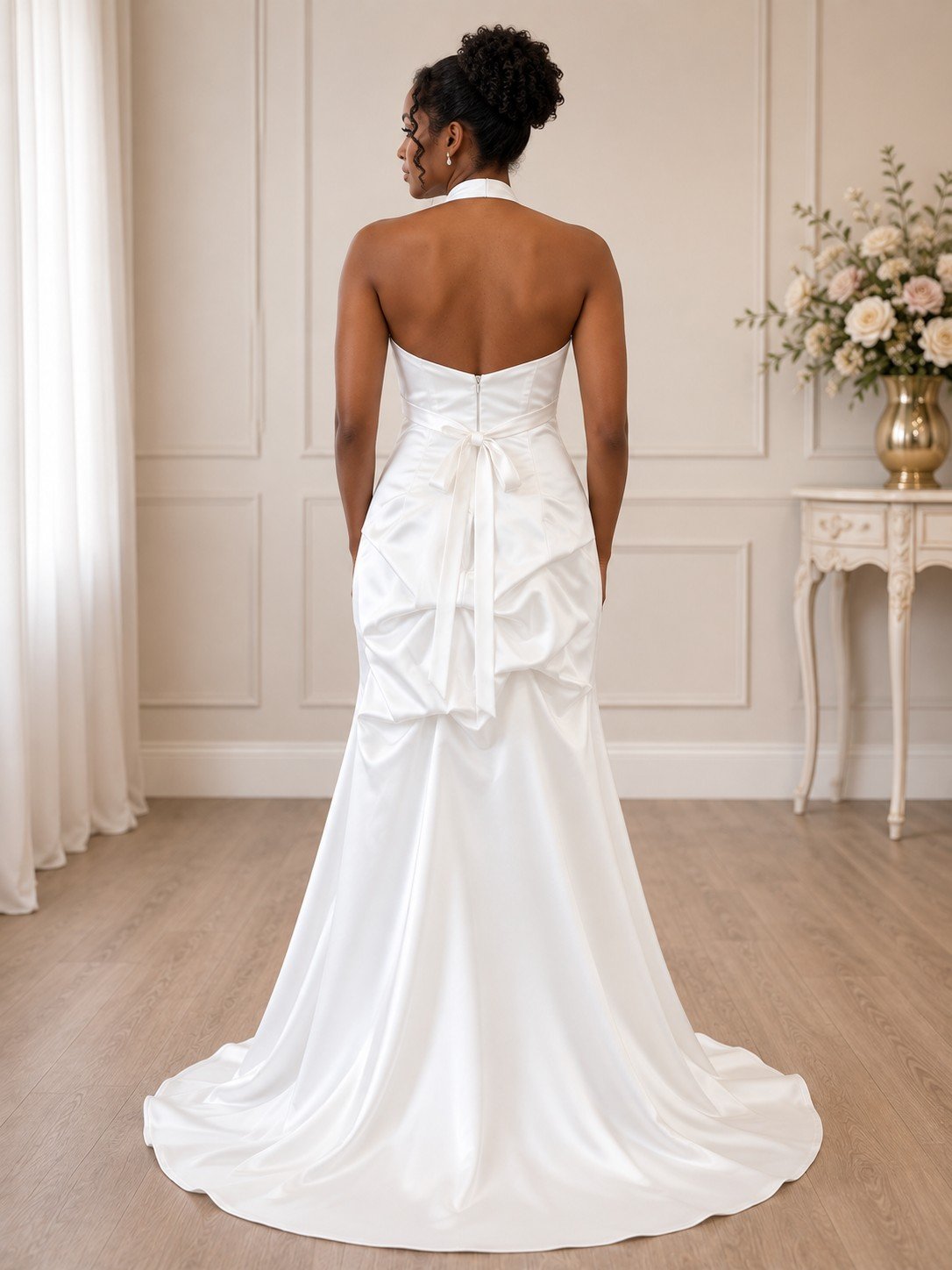 Madelyn Private Label Satin Halter Wedding Dress with Surplice Pleated Bodice and Bustled Back Train (Size 12) - Image 4