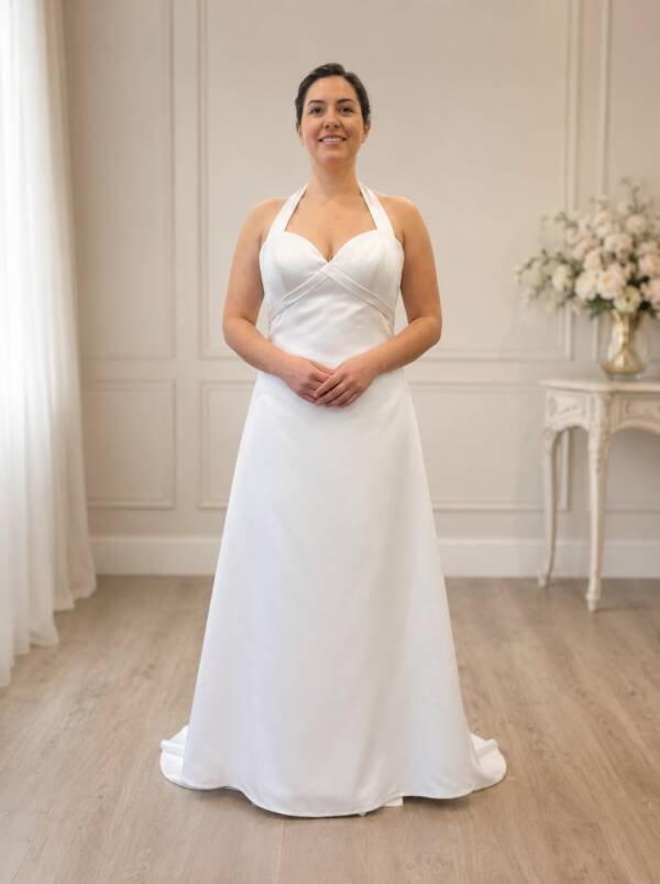 Madelyn Private Label Satin Halter Wedding Dress with Surplice Pleated Bodice and Bustled Back Train (Size 12)