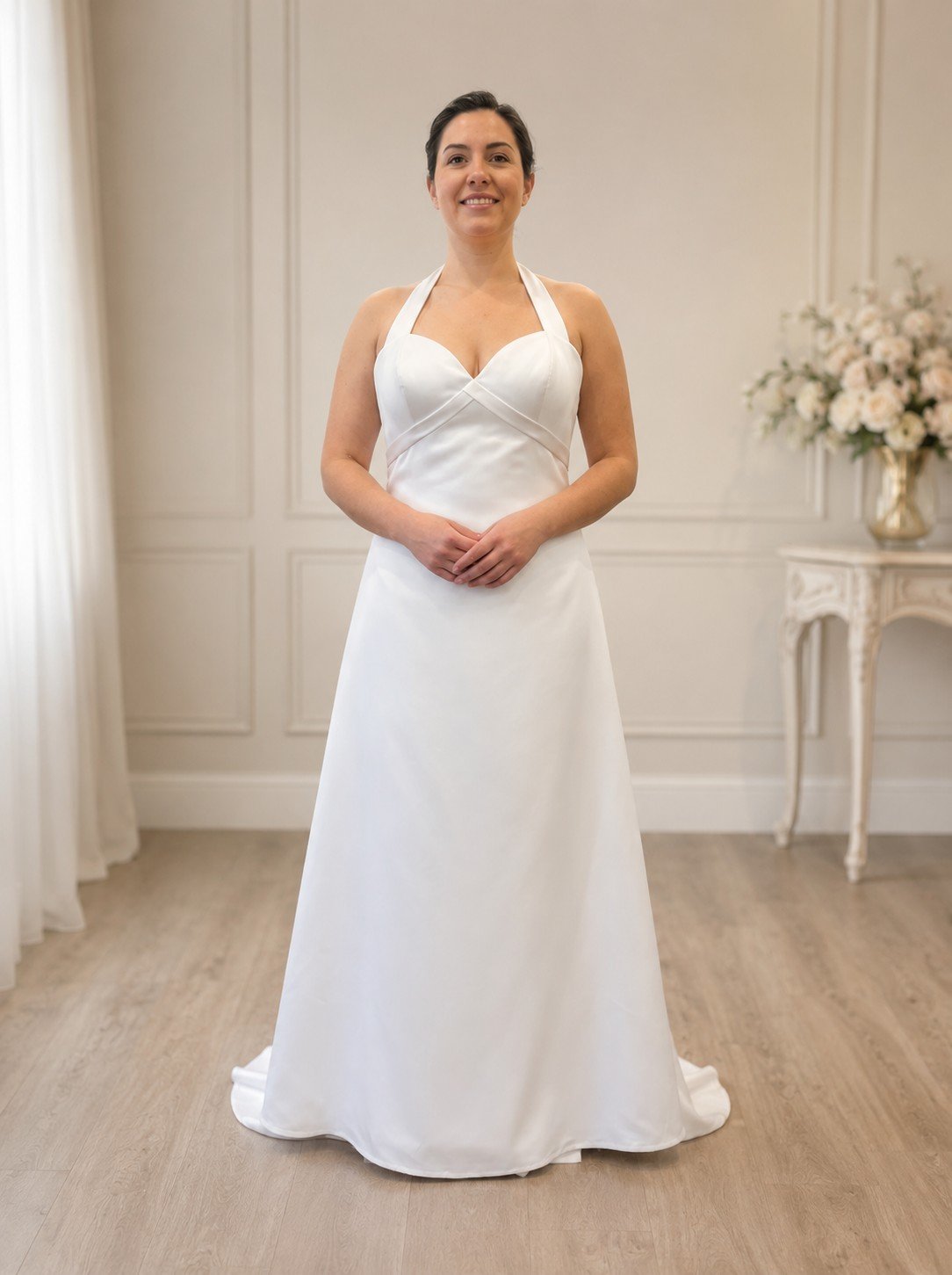 Madelyn Private Label Satin Halter Wedding Dress with Surplice Pleated Bodice and Bustled Back Train (Size 12)