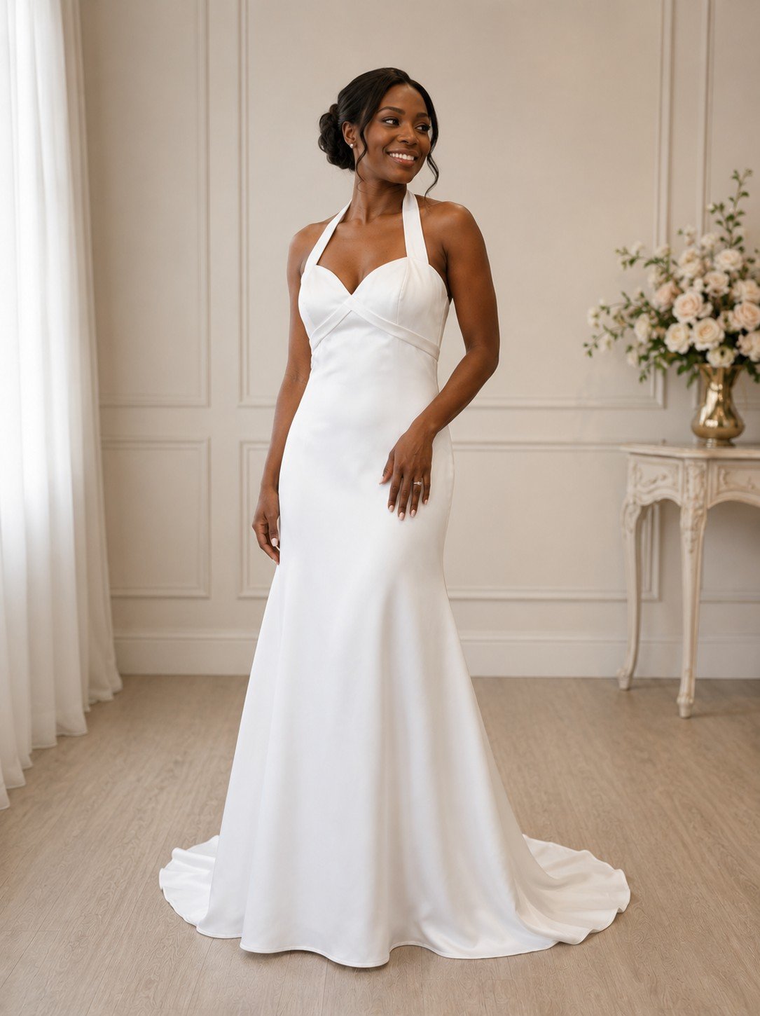 Madelyn Private Label Satin Halter Wedding Dress with Surplice Pleated Bodice and Bustled Back Train (Size 12) - Image 2