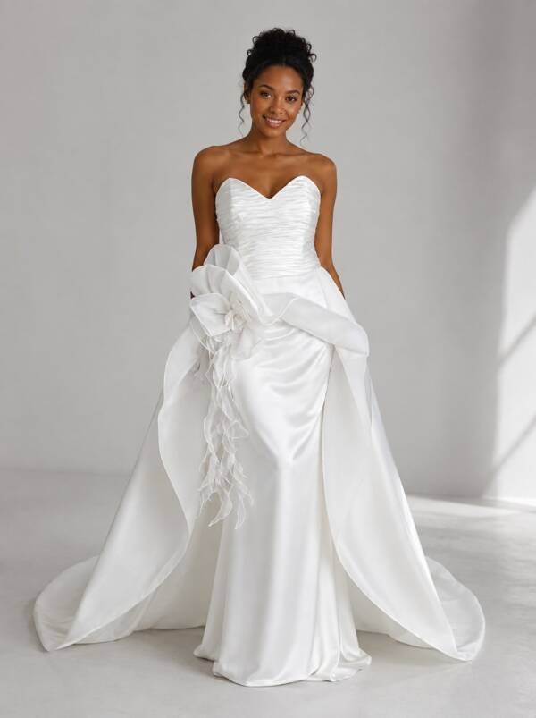 Naomi Strapless Ruched Bodice High-Low Wedding Dress with Organza Statement Floral Accent (Size 10)