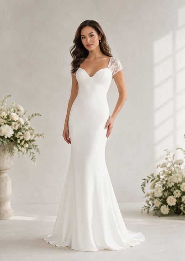 Private Label "Emma" (Riva Stock R7434) Embroidered Illusion Neckline Fit-and-Flare Wedding Gown – Size 16 (SKU DMB036)