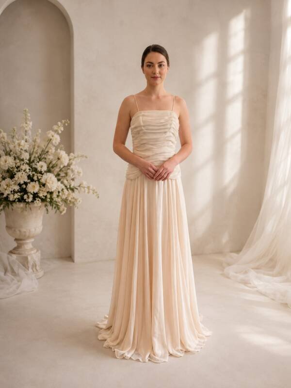 Private Label "Serenity" Ruched Chiffon Wedding Gown in Soft Peach – Size 12
