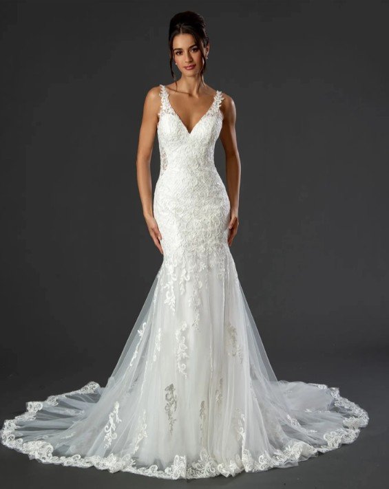 Private Label "Violet" (Style Stella 22517) Strapless Beaded Satin A-Line Wedding Gown with Pleated Accent Slit – Size 14 (SKU DMB032)