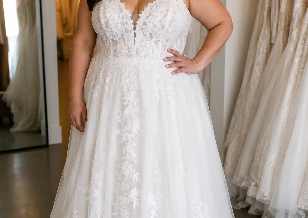 Plus size bride trying on a lace A-line wedding dress at Monica's Wedding Boutique.