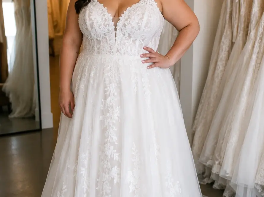Plus size bride trying on a lace A-line wedding dress at Monica's Wedding Boutique.