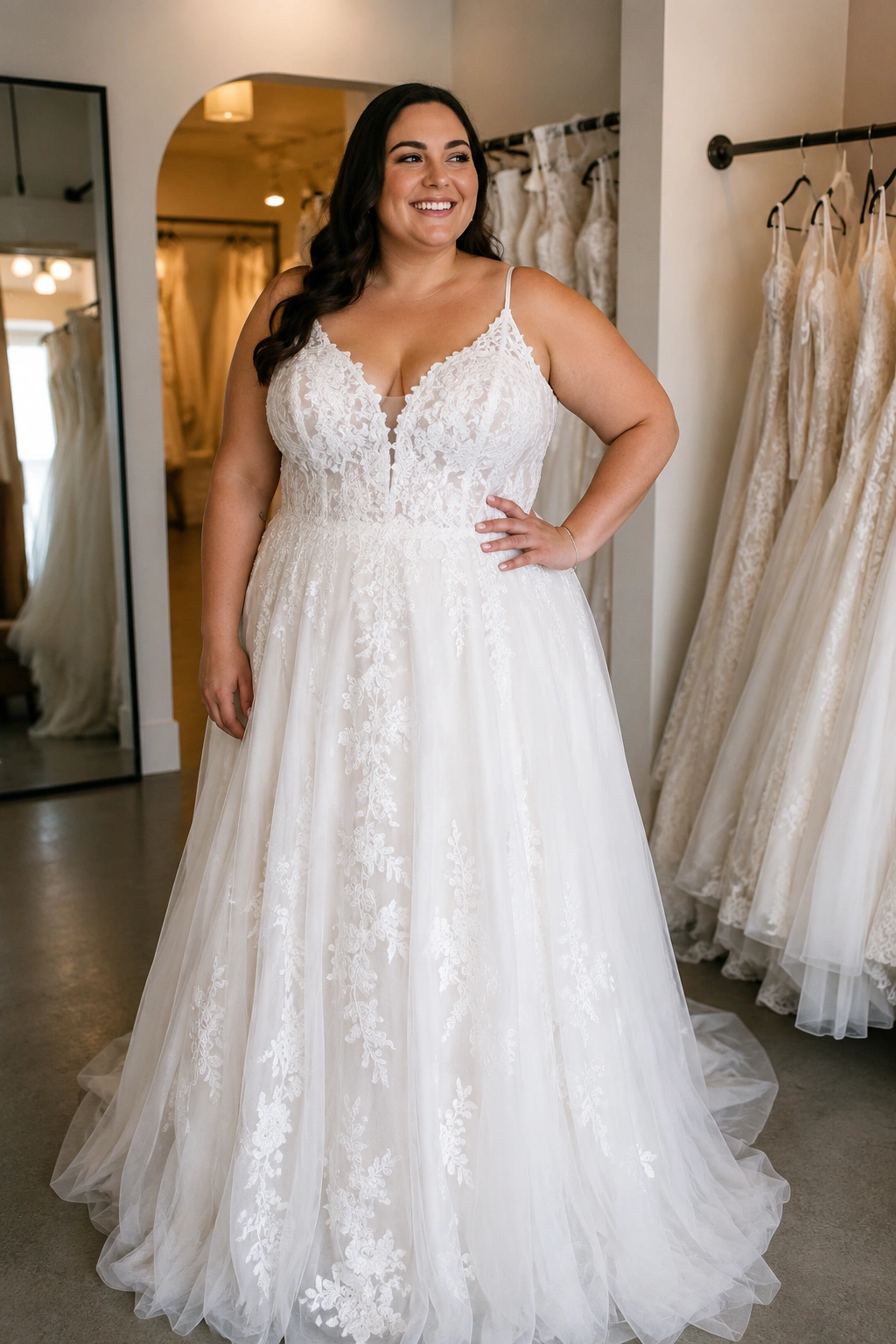 Plus size bride trying on a lace A-line wedding dress at Monica's Wedding Boutique.