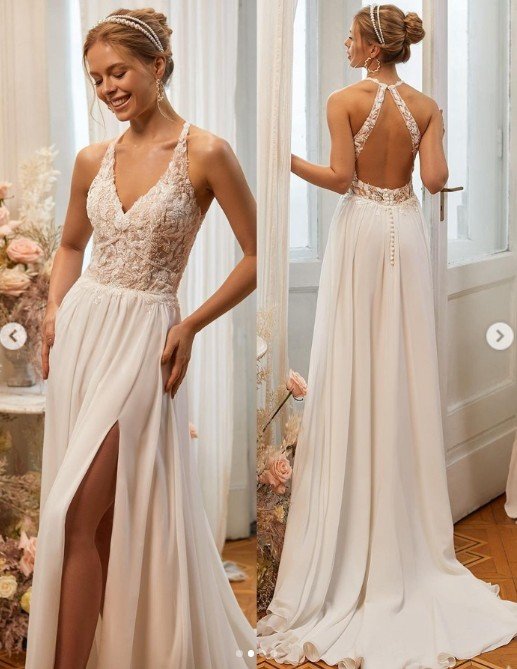 Private Label "Selena Moonlight" Beaded Lace Chiffon A-Line Wedding Gown – Size 16 (SKU DMB051)