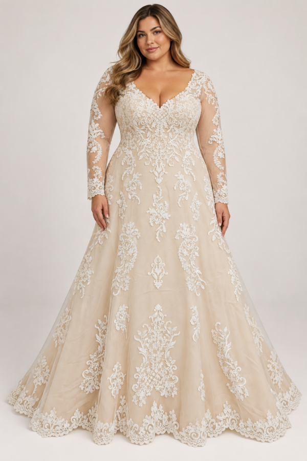 The “Sally” Gown: Romantic Lace A-Line with Long Sleeves & a Dramatic V-Back