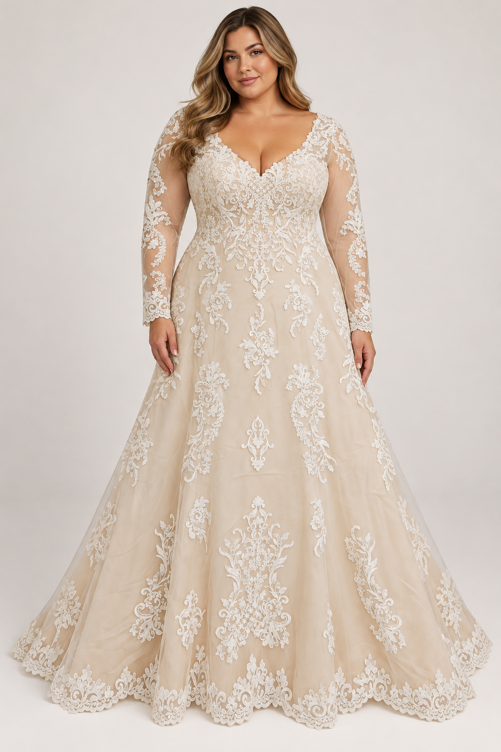 The “Sally” Gown: Romantic Lace A-Line with Long Sleeves & a Dramatic V-Back
