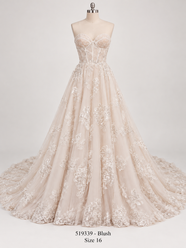 Front mannequin view of 519339-Blush size 16 strapless blush and ivory lace wedding gown with sweetheart neckline