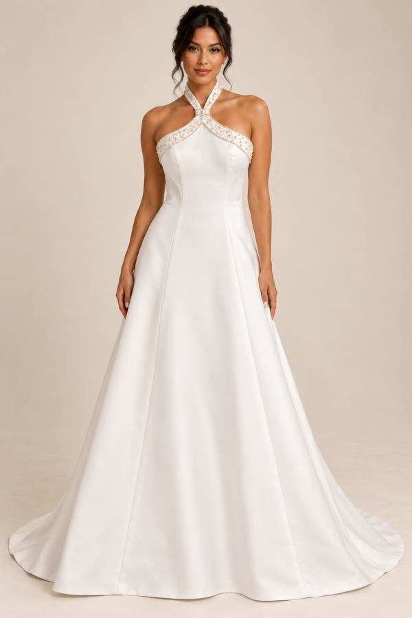 Emery Wedding Dress: Elegant Satin Halter A-Line Gown with Beaded Trim