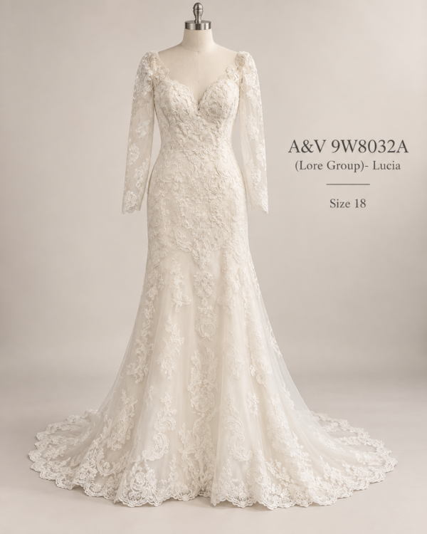 Front mannequin view of A&V 9W8032A Lucia size 18 ivory lace wedding dress with long sleeves and V neckline