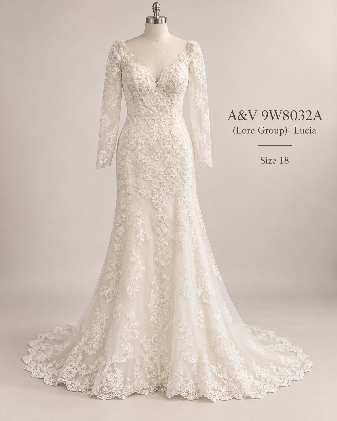 Front mannequin view of A&V 9W8032A Lucia size 18 ivory lace wedding dress with long sleeves and V neckline